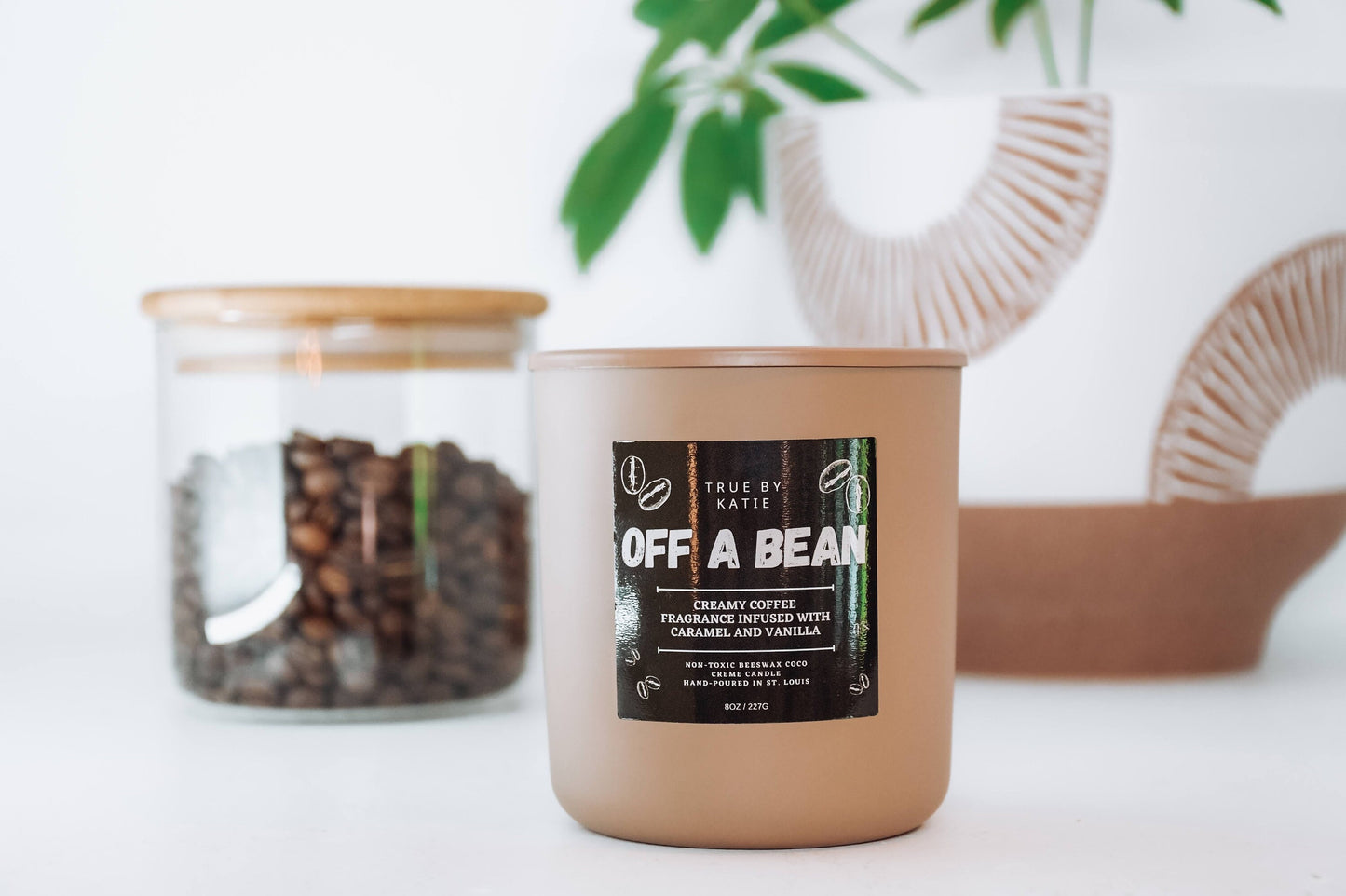 Off a Bean | Beeswax Candle | Wood Wick | 8oz Glass Jar + Tin Lid | Non-Toxic Scented Candle | Caramel Coffee Scent
