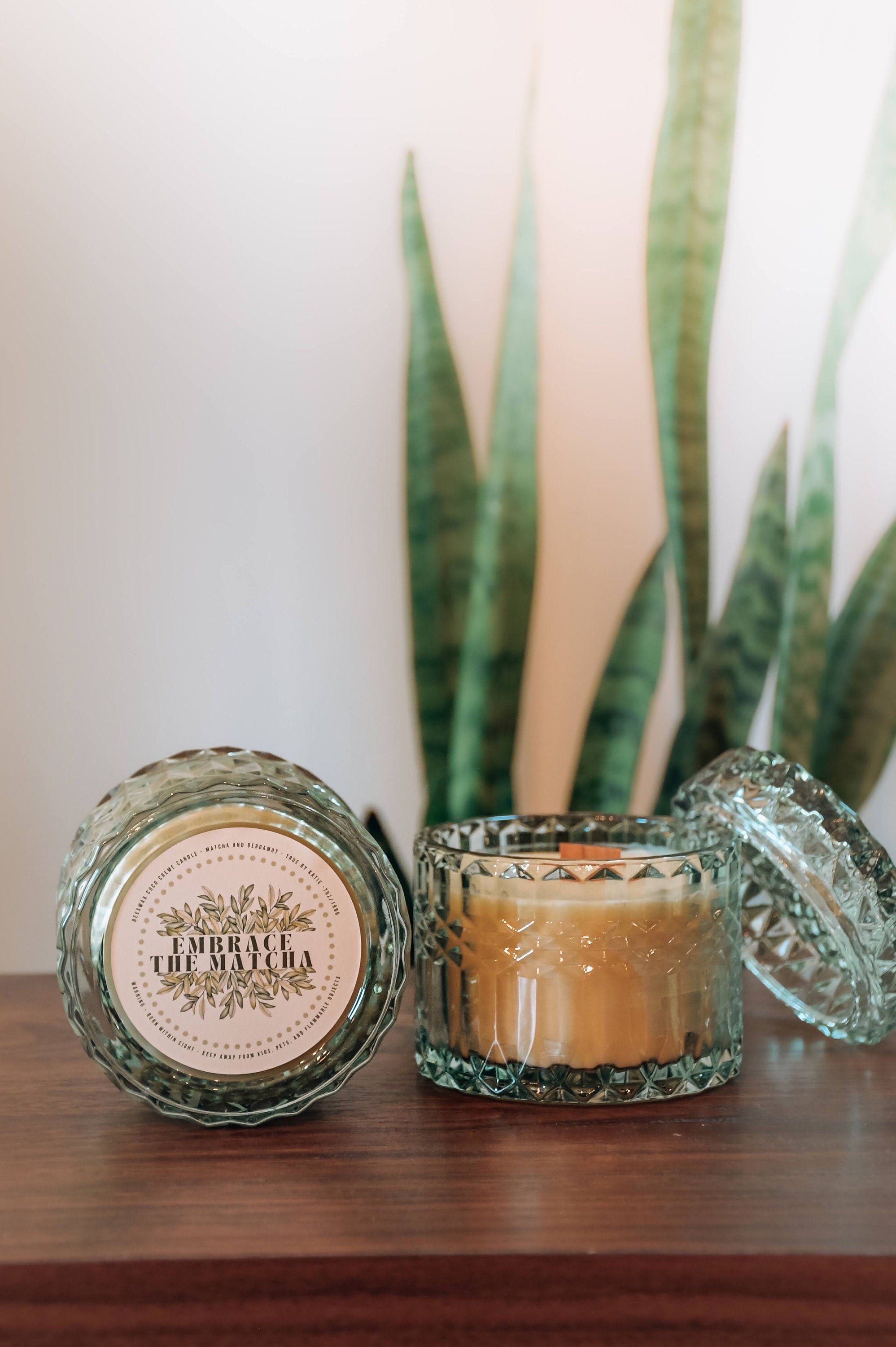 Embrace the Matcha | Beeswax Candle | Wood Wick | 7oz Luxury Glass Jar + Lid | Non-Toxic Scented Candle | Matcha and Bergamot Scent