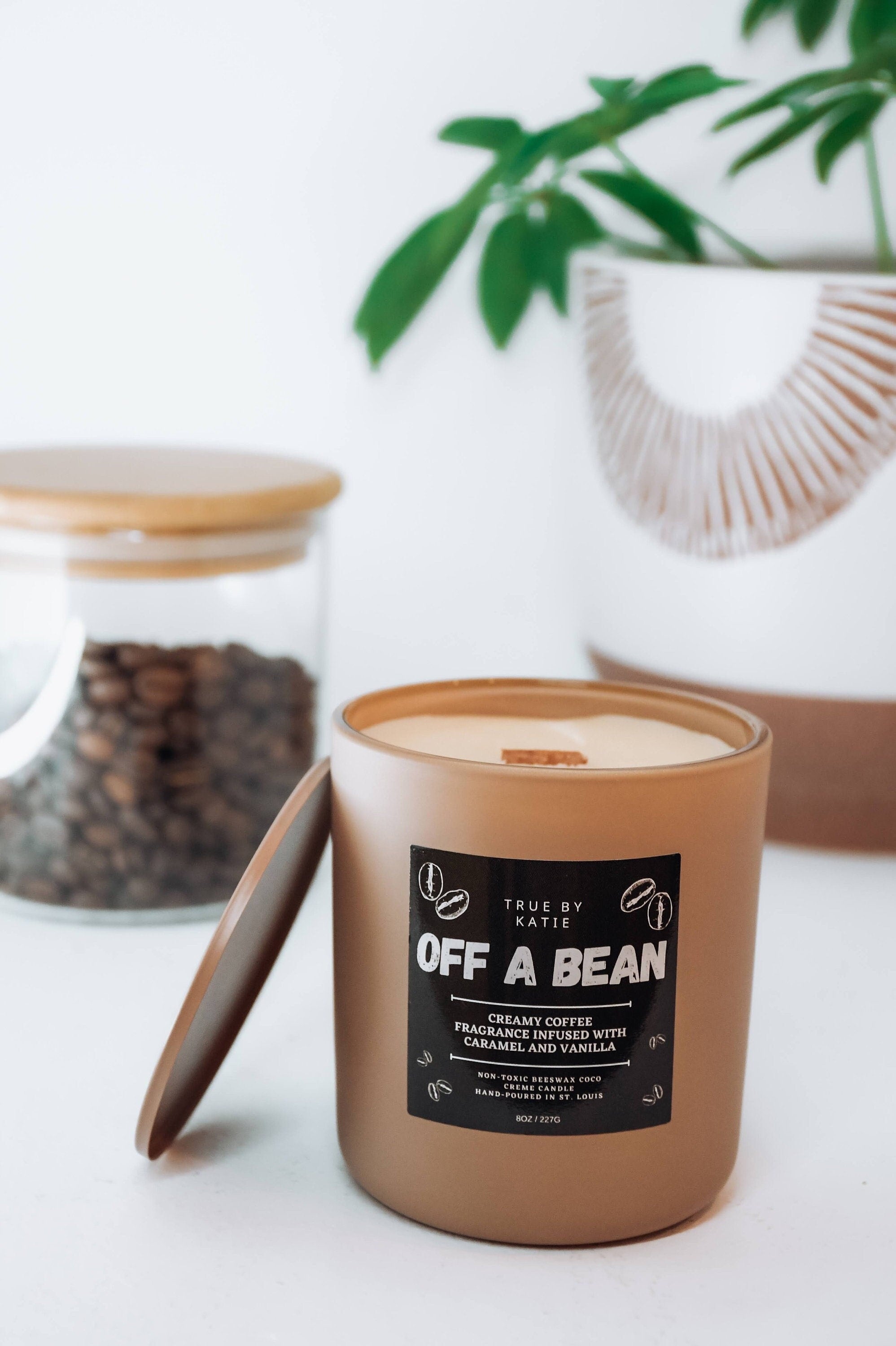 Off a Bean | Beeswax Candle | Wood Wick | 8oz Glass Jar + Tin Lid | Non-Toxic Scented Candle | Caramel Coffee Scent