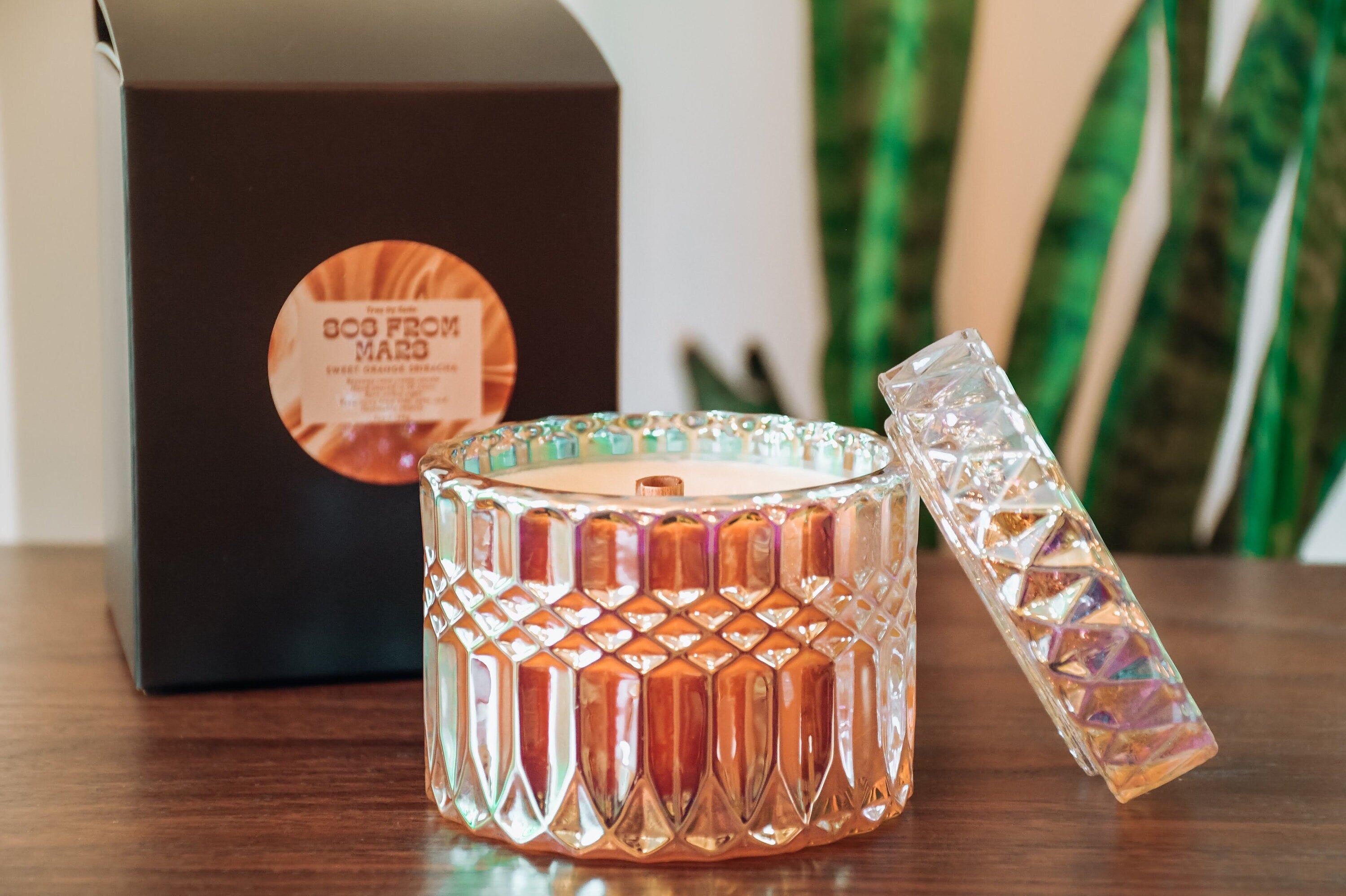 SOS From Mars | Beeswax Candle | Wood Wick | 7oz Luxury Glass Jar + Lid | Non-Toxic Scented Candle | Sweet Orange Srircha Scent